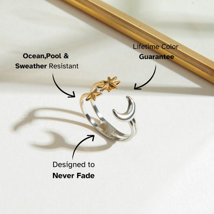 Two-tone moon and star ring with silver and gold finish