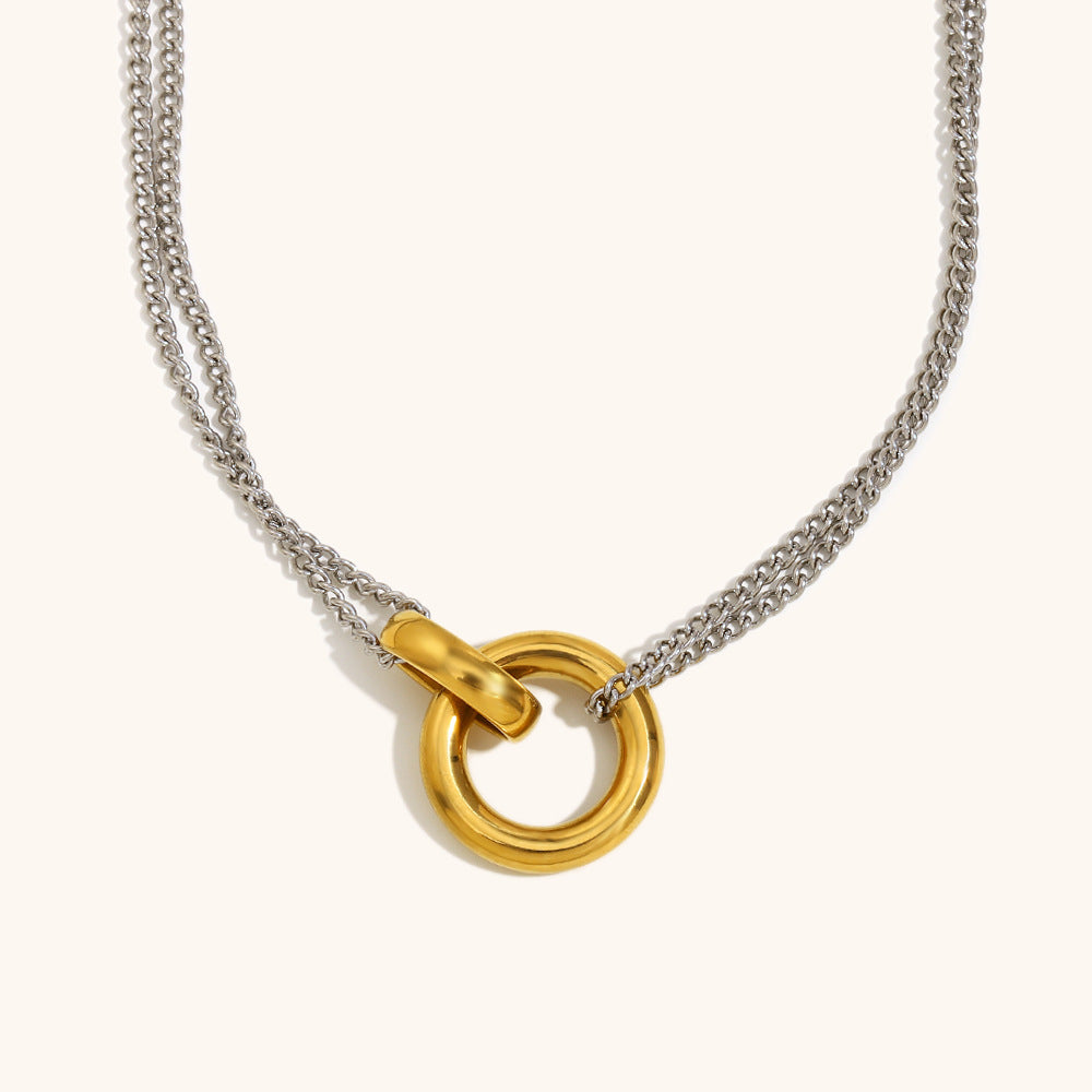 Minimalist silver chain necklace with gold circle pendant