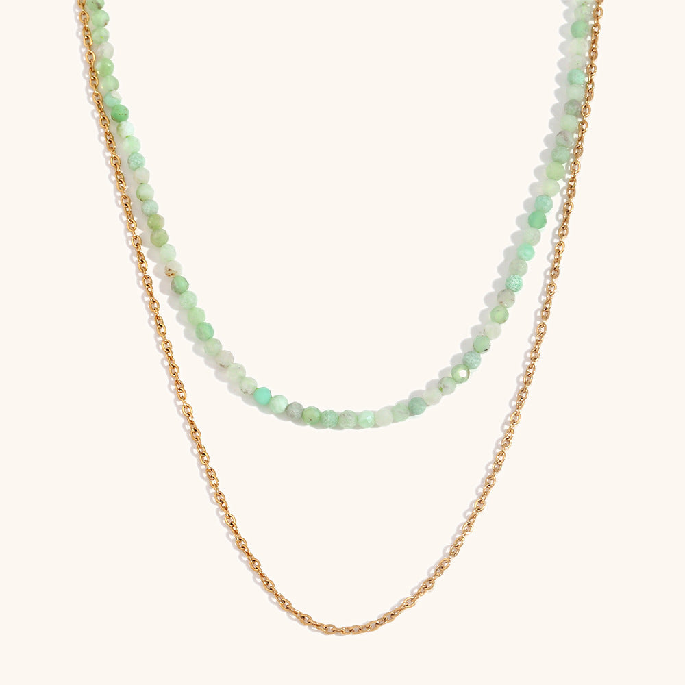 Green crystal beaded necklace with gold chain, fresh minimalist accessory
