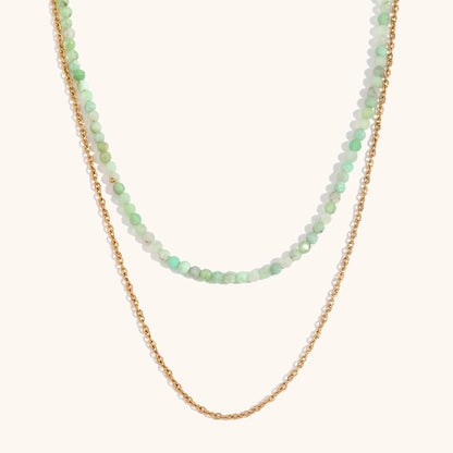 Green crystal beaded necklace with gold chain, fresh minimalist accessory