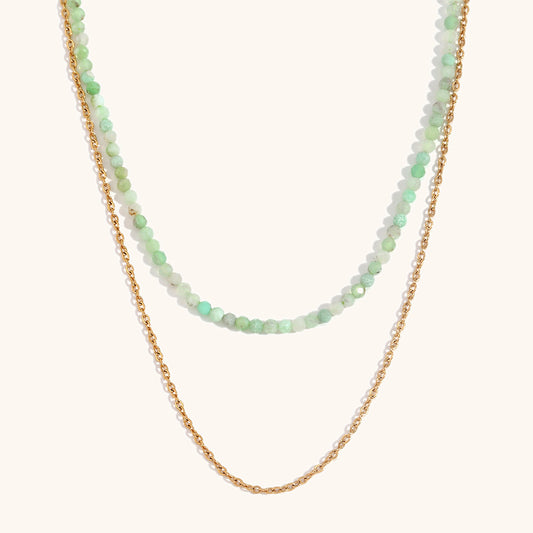 Green crystal beaded necklace with gold chain, fresh minimalist accessory