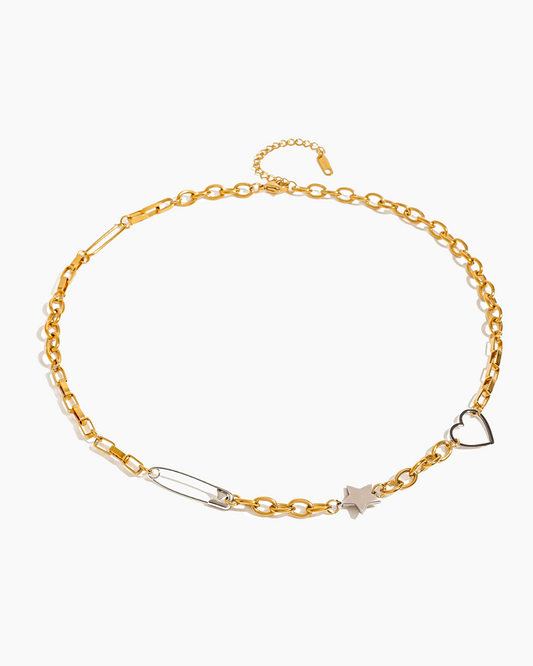 Gold chain necklace with star and heart pendants on a white background