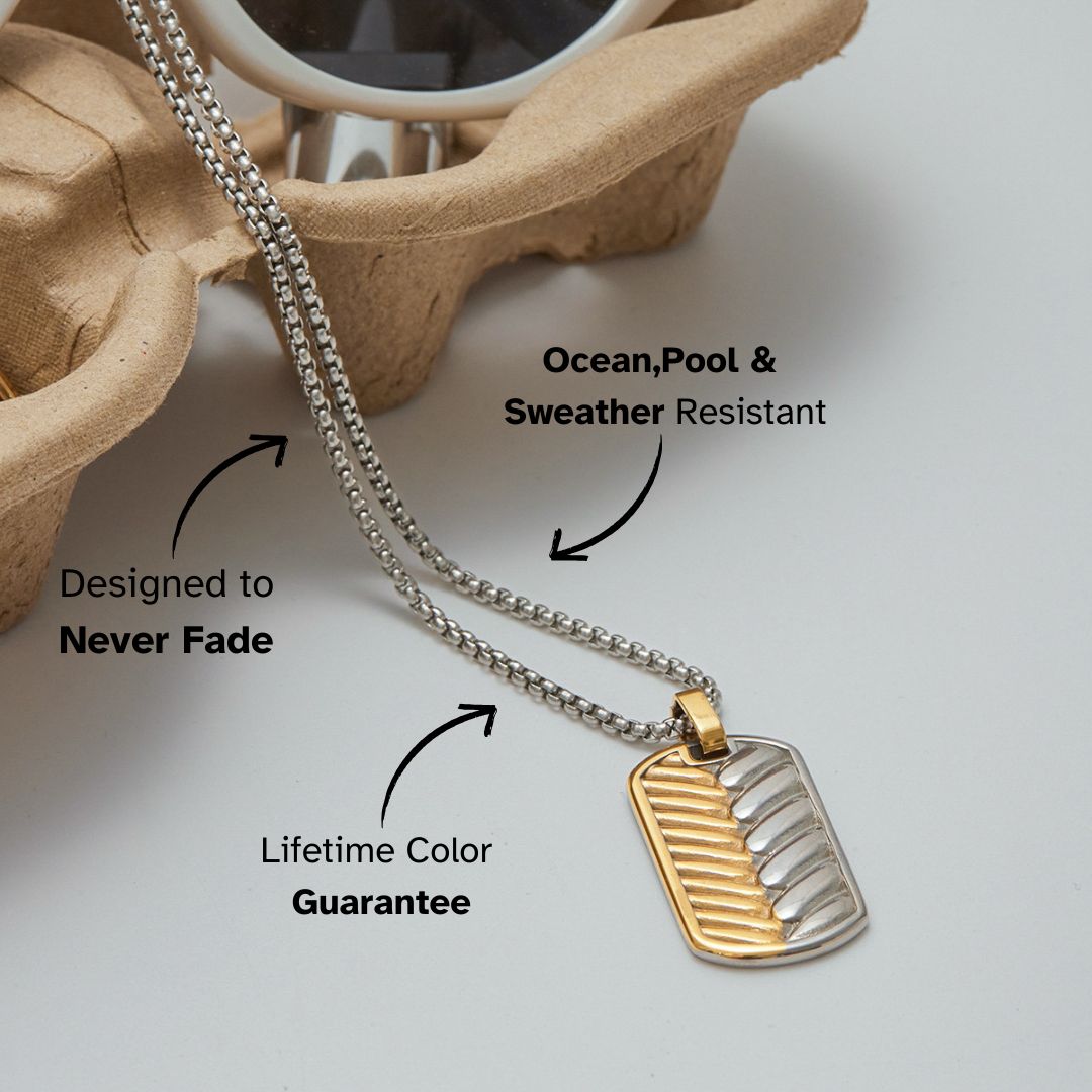 stainless steel and gold stripe pendant necklace on flat lay
