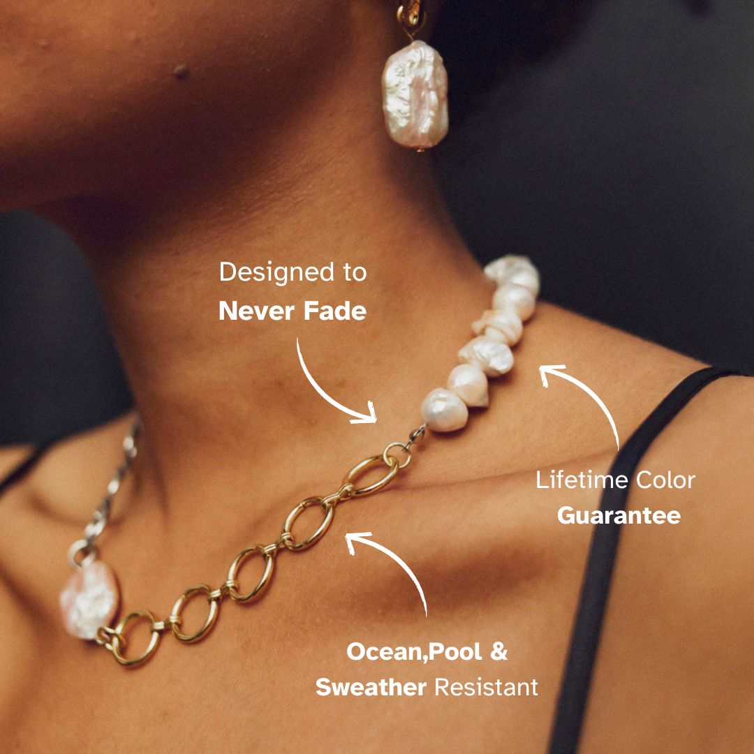 Modern Baroque Pearl Chain Necklace on Model.