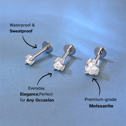 A variety of 925 sterling silver square stud earrings with moissanite stones in different sizes (2mm, 3mm, and 4mm). Perfect for multiple ear piercings and stylish looks.