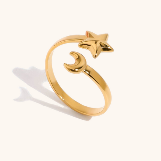 gold moon and star open ring with crescent and star design on white background
