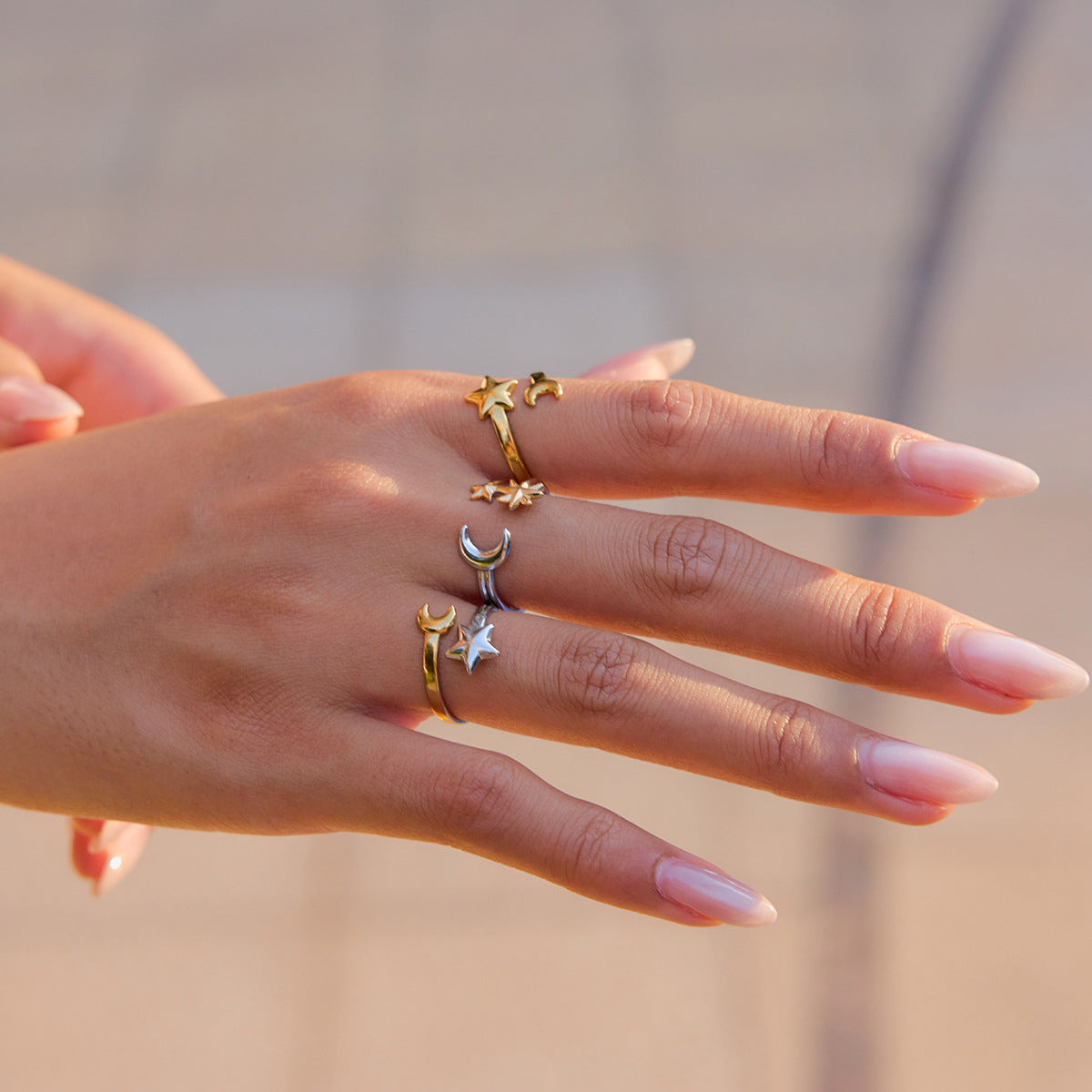 Minimalist moon star ring styled with summer outfit
