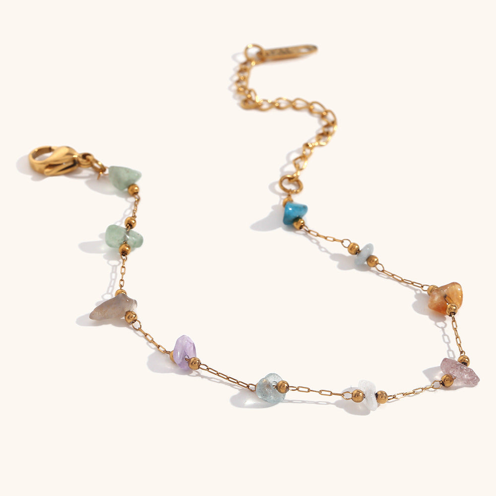 Close-up of multicolor natural stone bracelet with extender chain