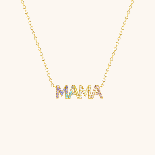 Vibrant MAMA word necklace with gold chain, shown on plain white background.