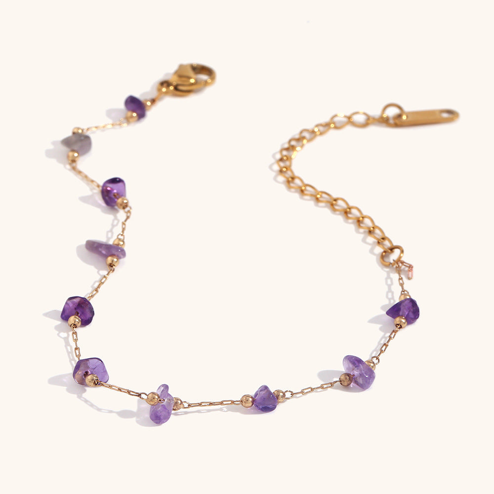 Amethyst crystal bead bracelet with gold chain, minimalist boho style