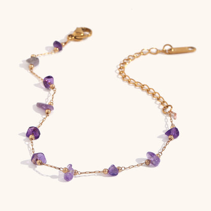 Amethyst crystal bead bracelet with gold chain, minimalist boho style