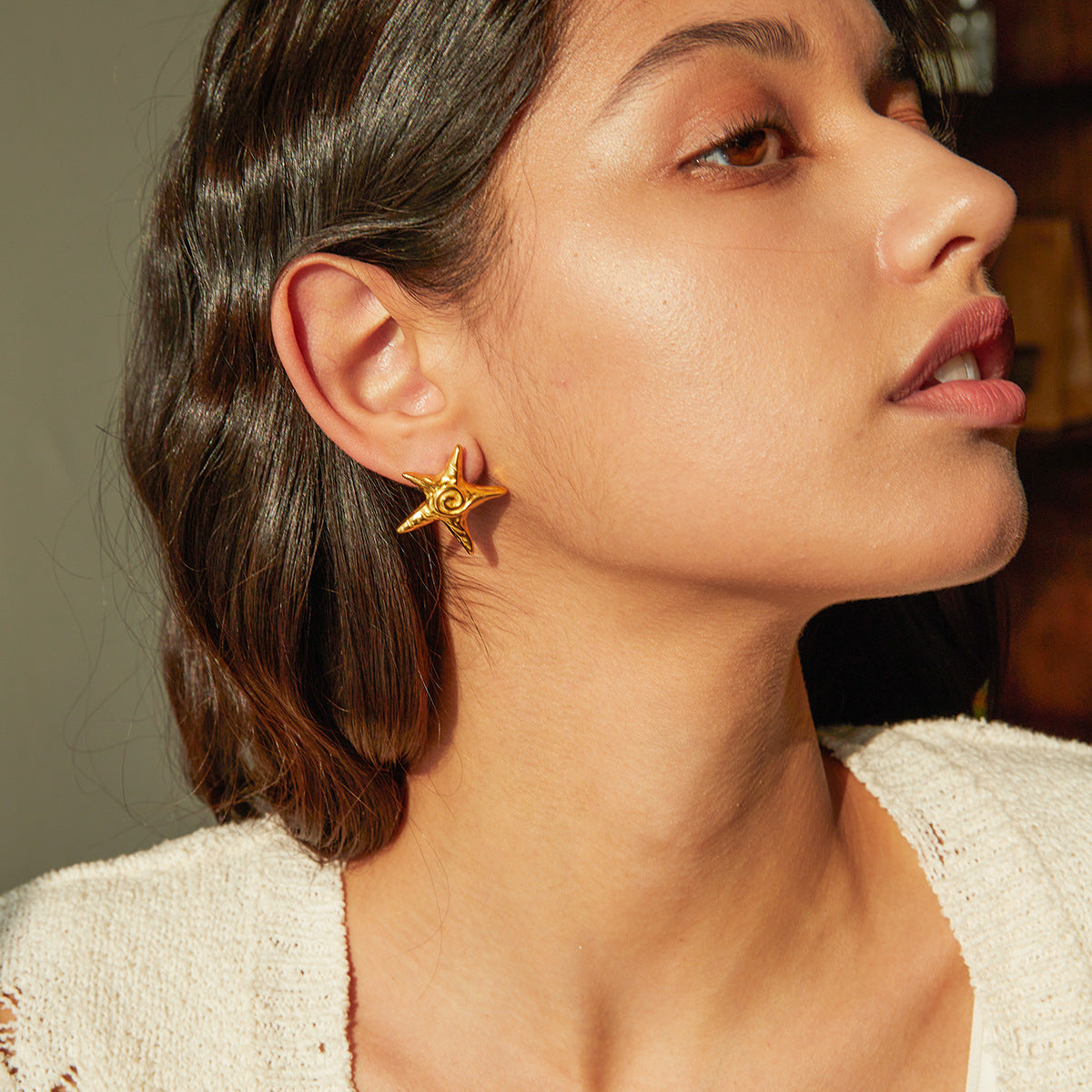Golden Starfish Textured Stud Earrings