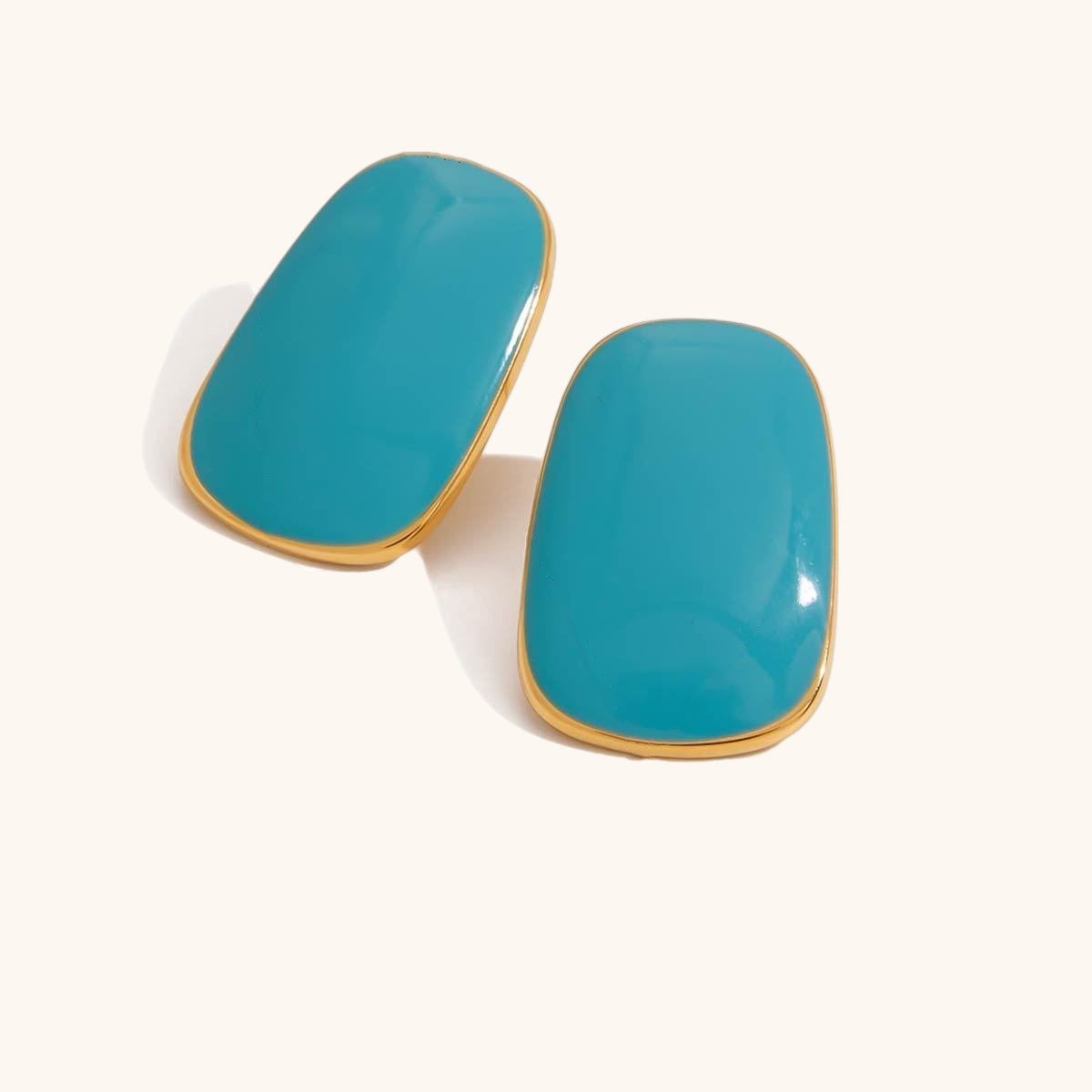 bright turquoise blue enamel earrings in rounded rectangle shape