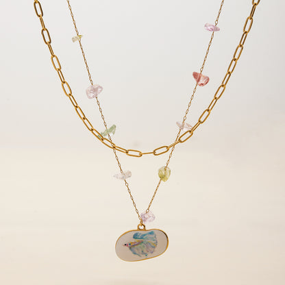 Summer necklace with colorful glass chips and enamel fish charm in gold setting