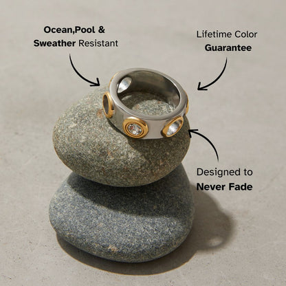 Waterproof and sweatproof gold-silver ring displayed with product features labeled