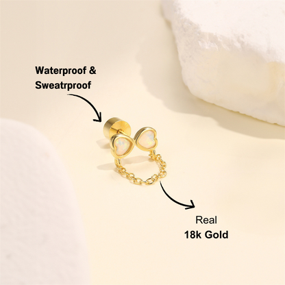 14K Gold Plated 925 Sterling Silver Opal Heart Earrings with Chain, Elegant Design Displayed on Soft Background