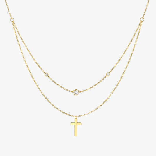 Double-layer gold necklace with cross and floral charms in 925 sterling silver, featuring a modern and elegant design for women.