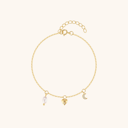 Sterling Silver Heart, Moon, and Pearl Charm Bracelet