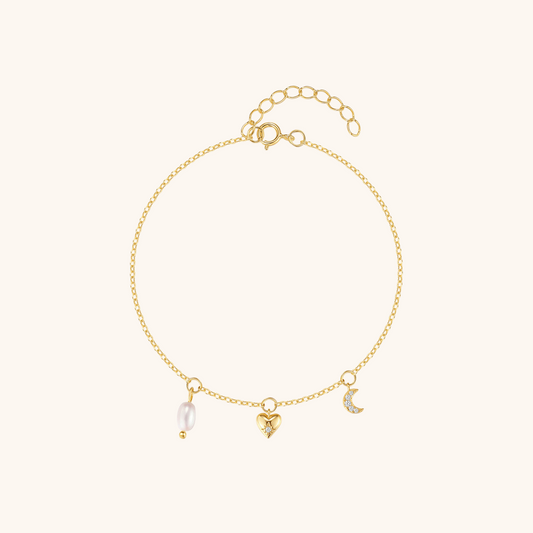 Sterling Silver Heart, Moon, and Pearl Charm Bracelet