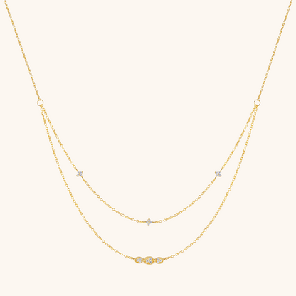 Double-Layer Clover and Oval Zirconia Necklace