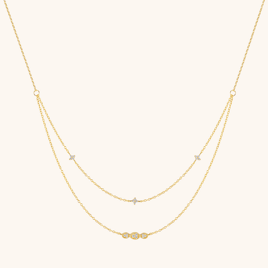 Double-Layer Clover and Oval Zirconia Necklace