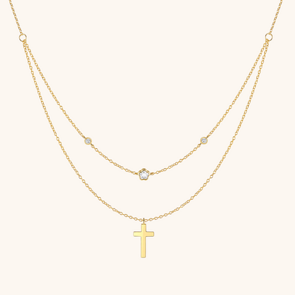 Double-Layer Cross and Flower Pendant Necklace