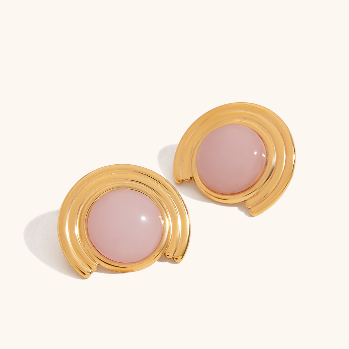 Elegant pink cat eye stud earrings with 18K gold finish, product close-up