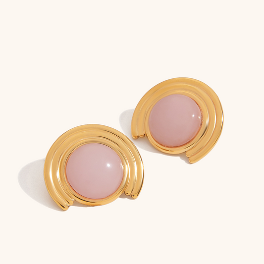 Elegant pink cat eye stud earrings with 18K gold finish, product close-up