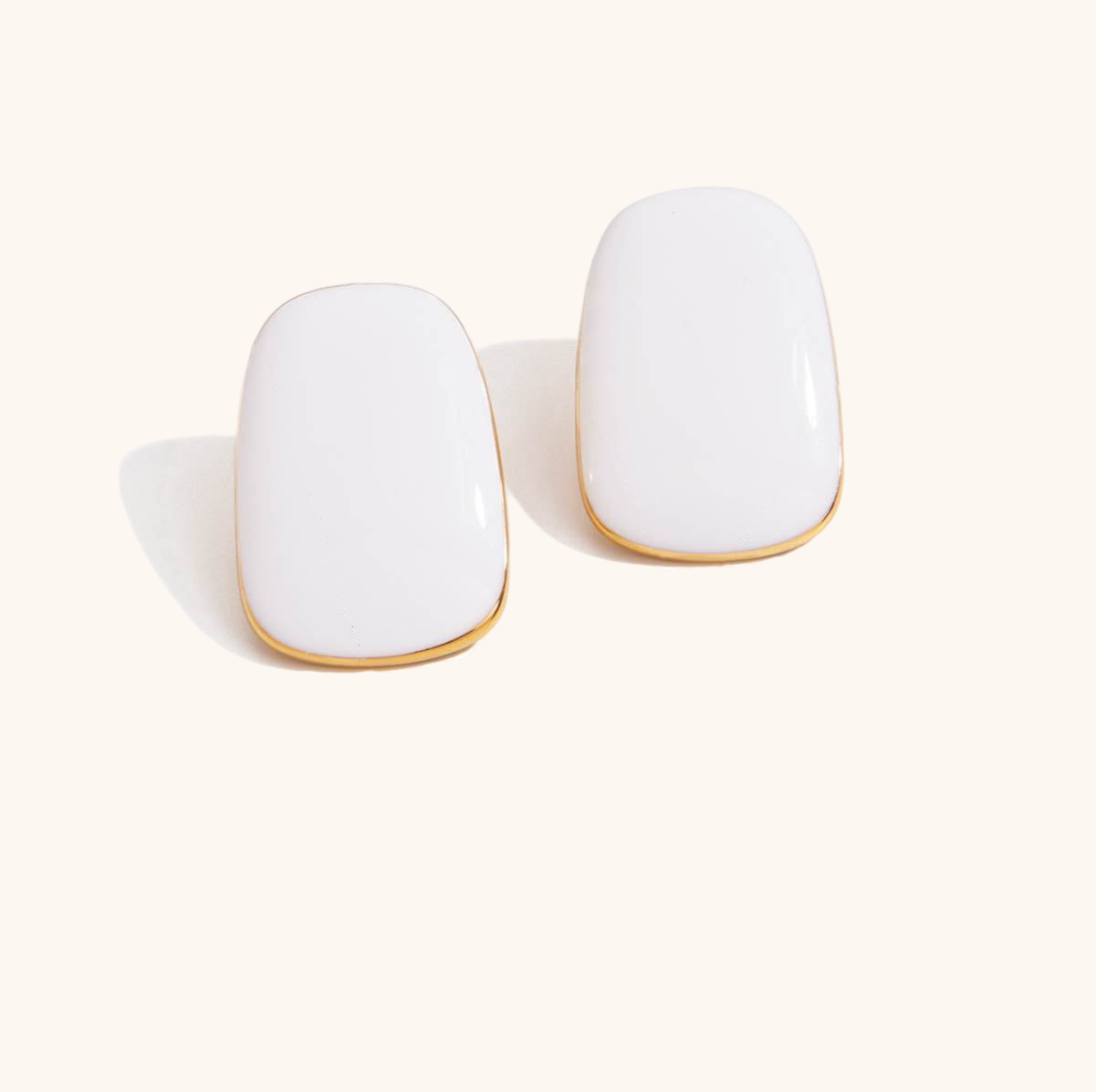 glossy white enamel rectangle studs with gold edges
