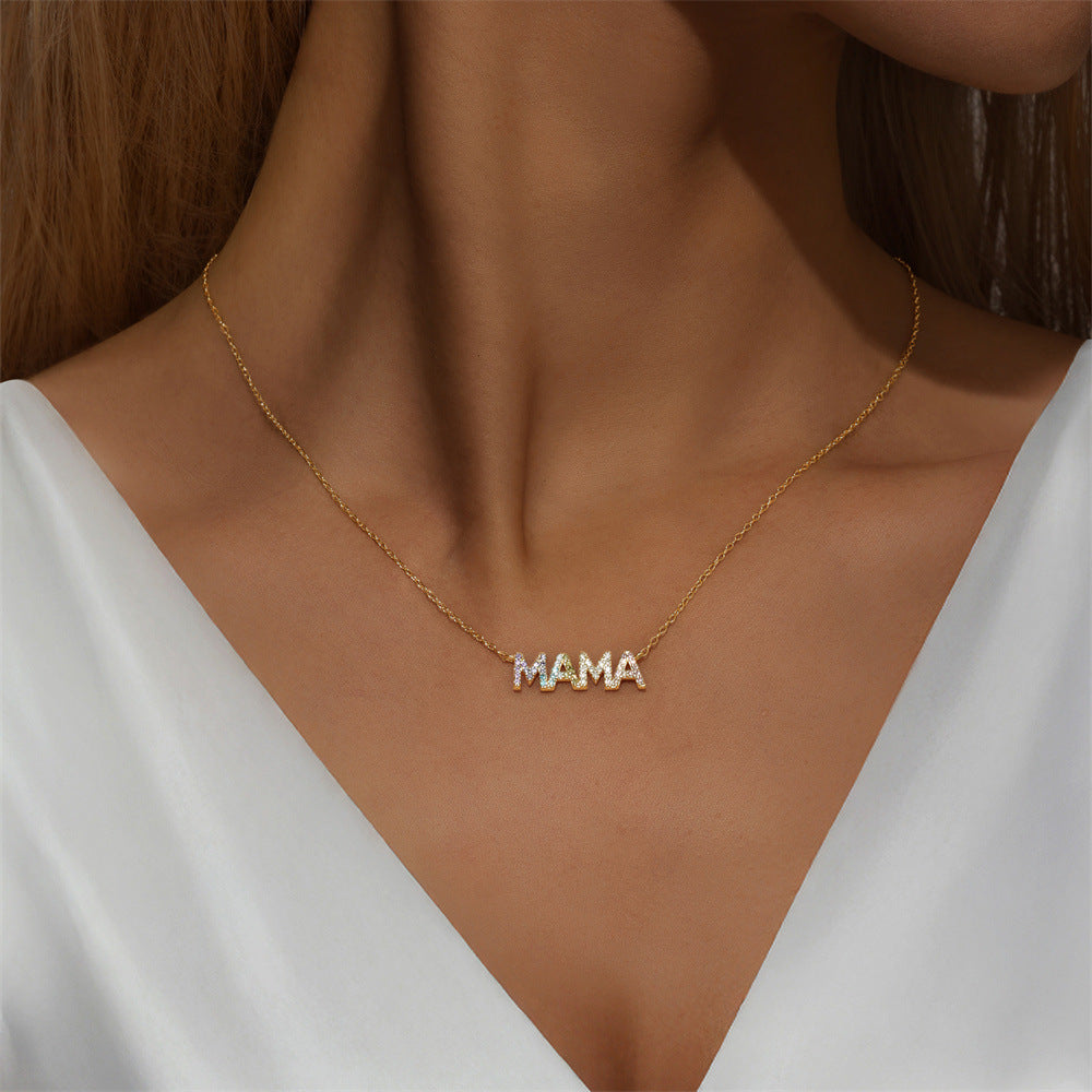 Model wearing colorful MAMA letter necklace, perfect for Mother’s Day gifts.