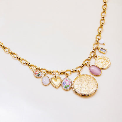 Retro-inspired locket necklace with colorful charms for women