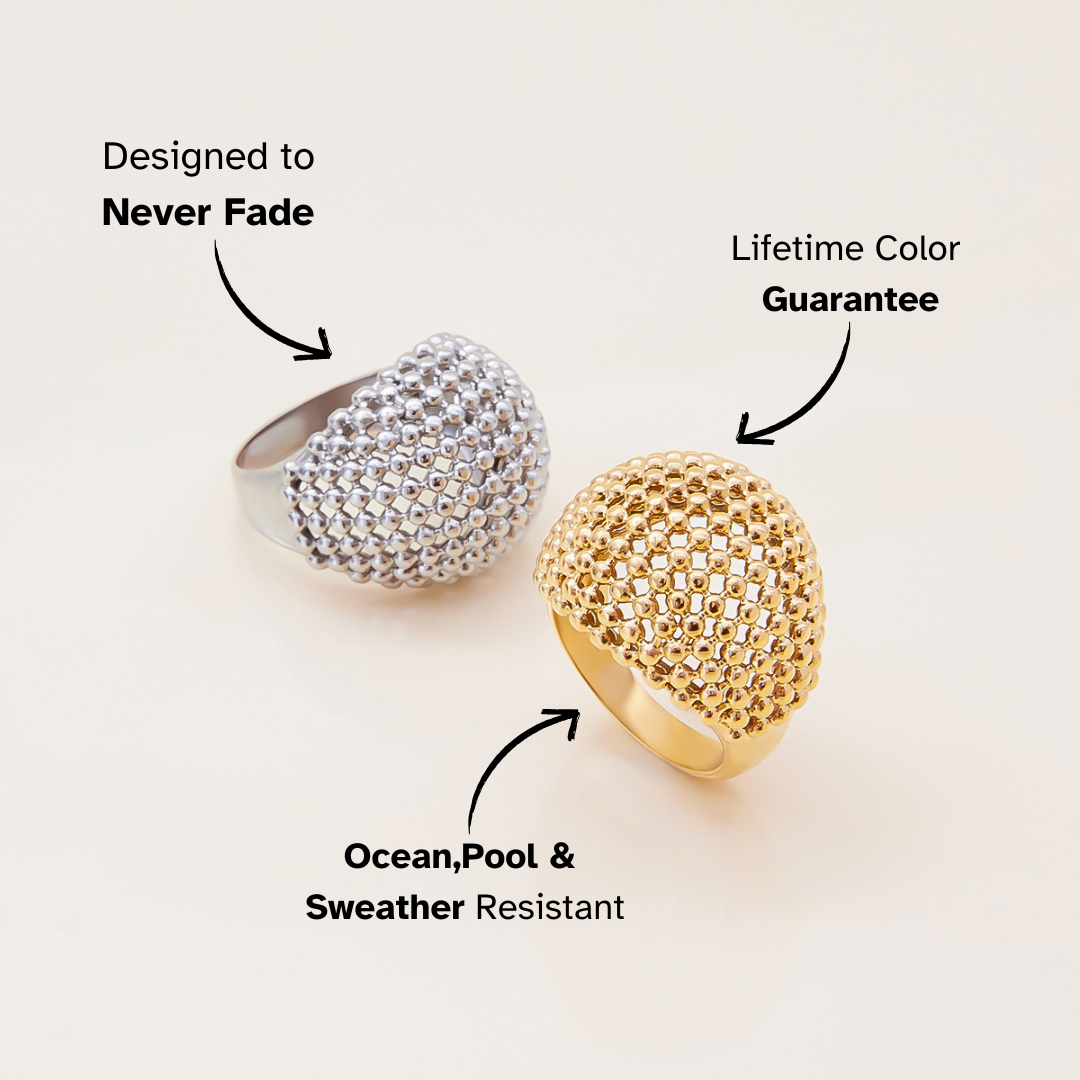Water-resistant fashion rings in gold and silver on glossy surface
