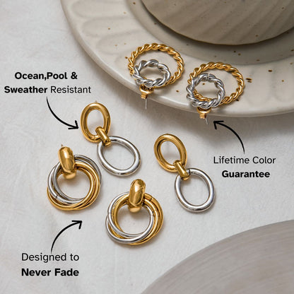 flat lay of chunky round mixed metal earrings with coffee plate