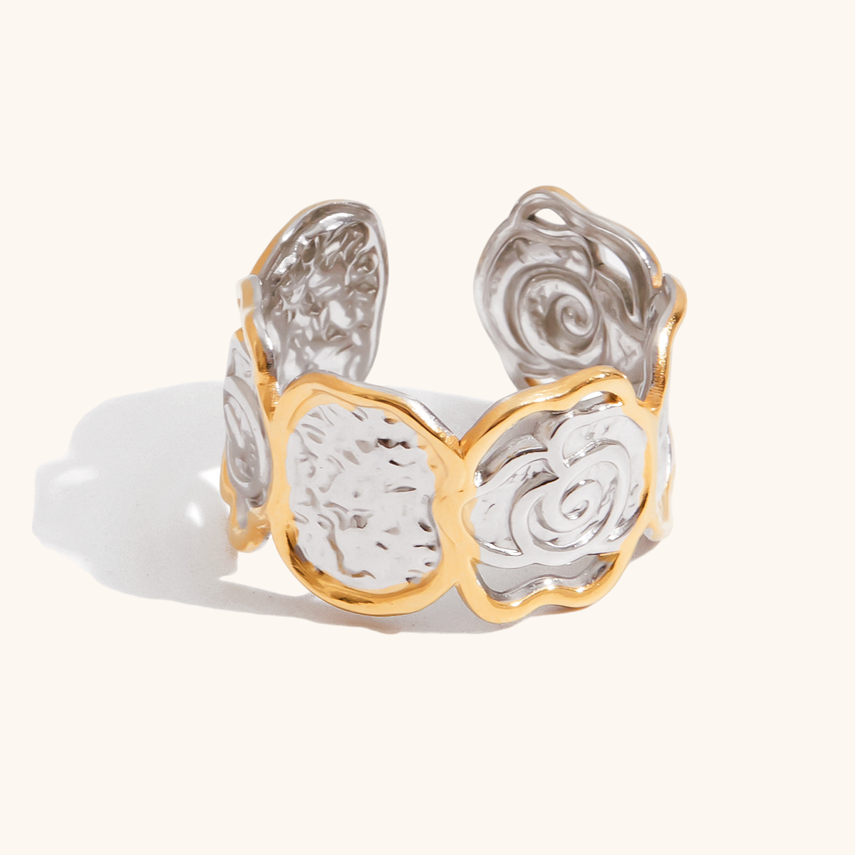 Angled studio shot of swirl-patterned two-tone adjustable ring
