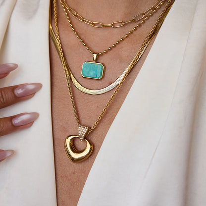 Model wearing gold open heart necklace with casual outfit_MiFJewelry