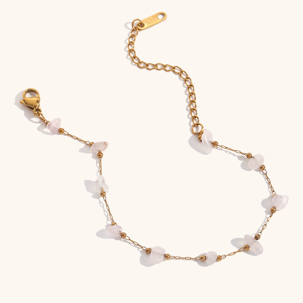 Light pink rose quartz bracelet with dainty gold chain for women