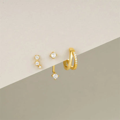 S925 gold plated triple crystal stud earrings and hoop, luxurious layered look with sparkling stones.