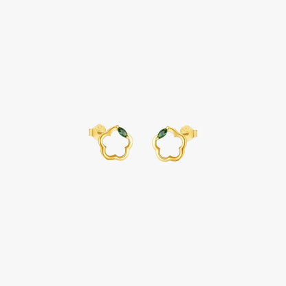 
S925 sterling silver mother of pearl flower earrings with green zircon detail, chic gold-plated design.