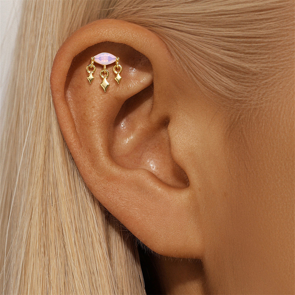 Model Wearing S925 Sterling Silver Pink Opal and Diamond Drop Earrings, Elegant and Trendy Jewelry