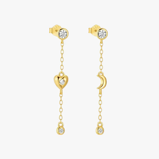Heart and Moon Long Chain Drop Earrings