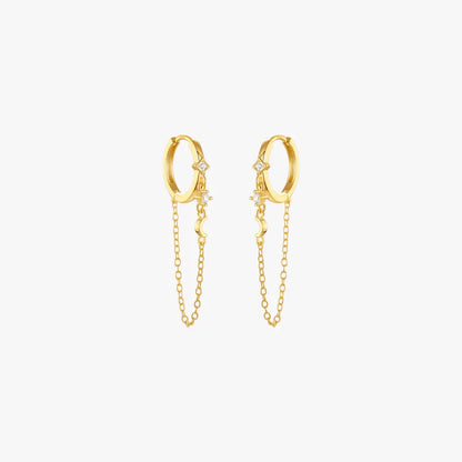 Moon and Star Chain Hoop Earrings with Zirconia