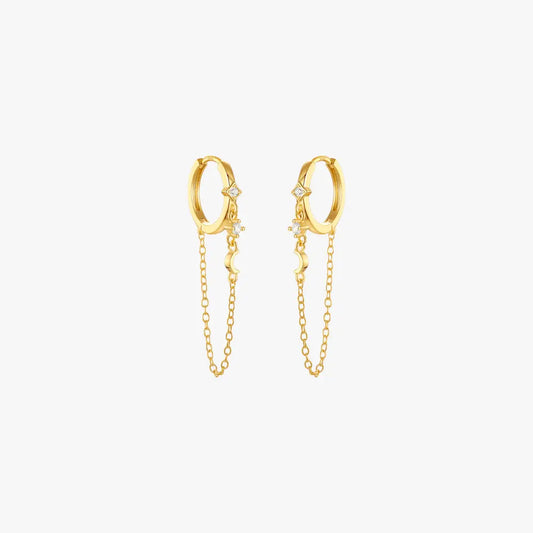 Moon and Star Chain Hoop Earrings with Zirconia