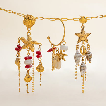 Boho gold hoop earrings with dangling red coral and white shells