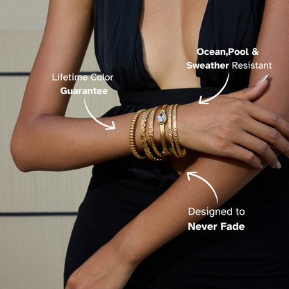 Gold bracelets on a person's wrist with text highlighting features