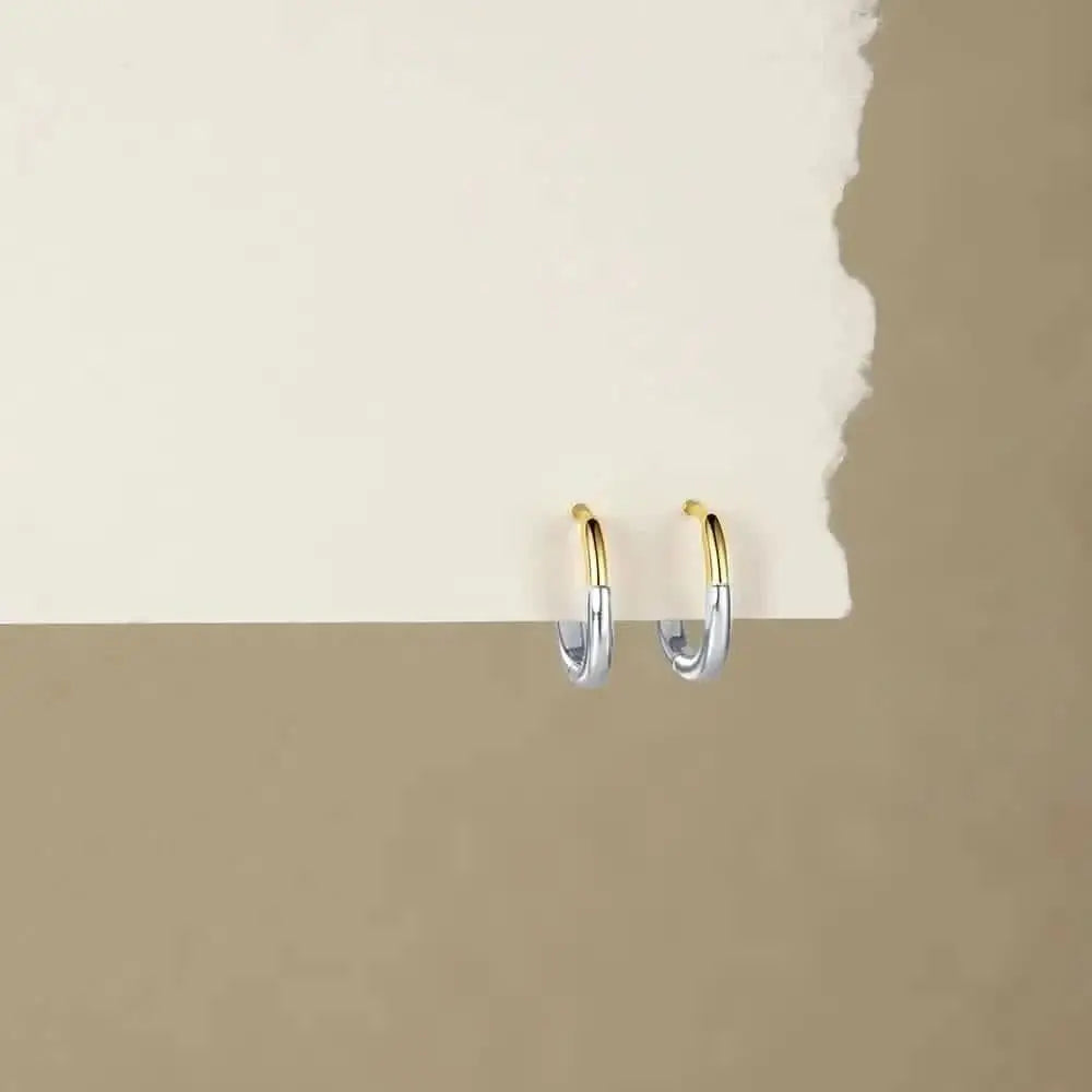 Stylish Silver and Gold Huggie Earrings - Elevate your earring game with these polished, eco-friendly two-tone huggie hoops. Effortless style for any occasion.