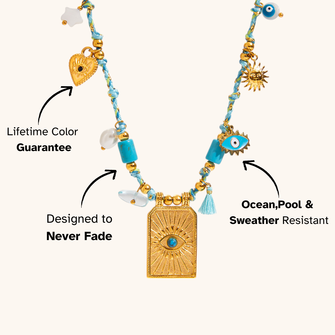 Turquoise rope chain necklace with gold rectangular talisman pendant