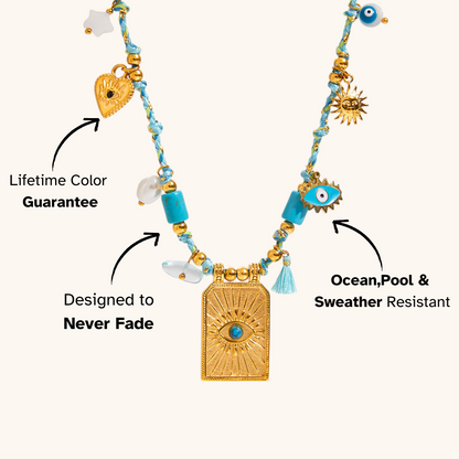 Turquoise rope chain necklace with gold rectangular talisman pendant