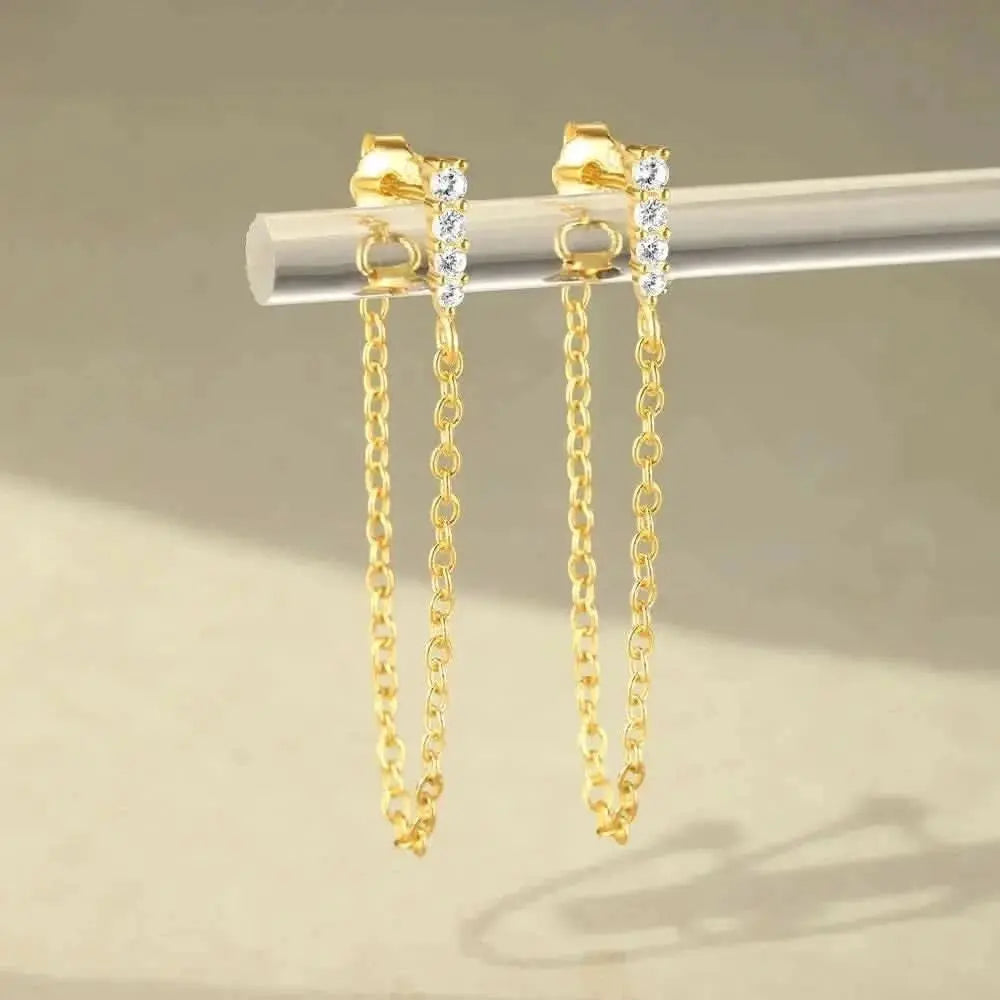 Boucles d'oreilles à pampilles et longue chaîne en zircone