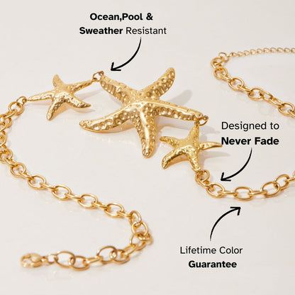 Close-up of hammered starfish pendant necklace on clean surface with labeled features like waterproof and color guarantee