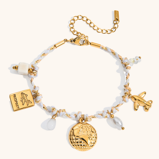 Trendy summer vacation bracelet with gold charms and braided cord